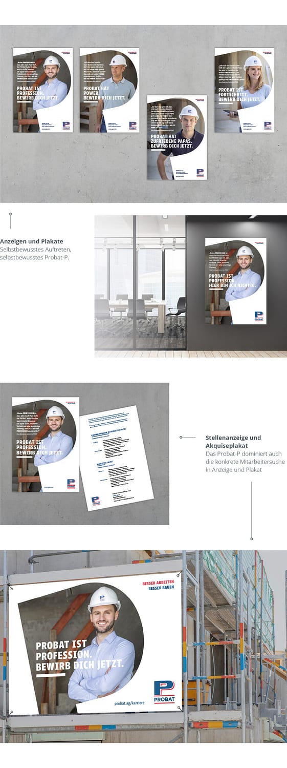 Plakate und Anzeigen der PROBAT Bau AG mit Mitarbeitern